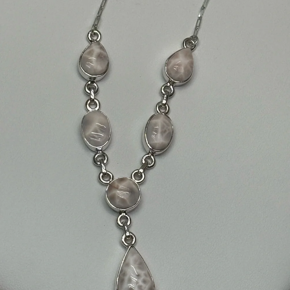 NLP1 Genuine Pink Larimar (Natrolite) Lariat Necklace Paperclip Necklace S925 - Picture 6 of 9